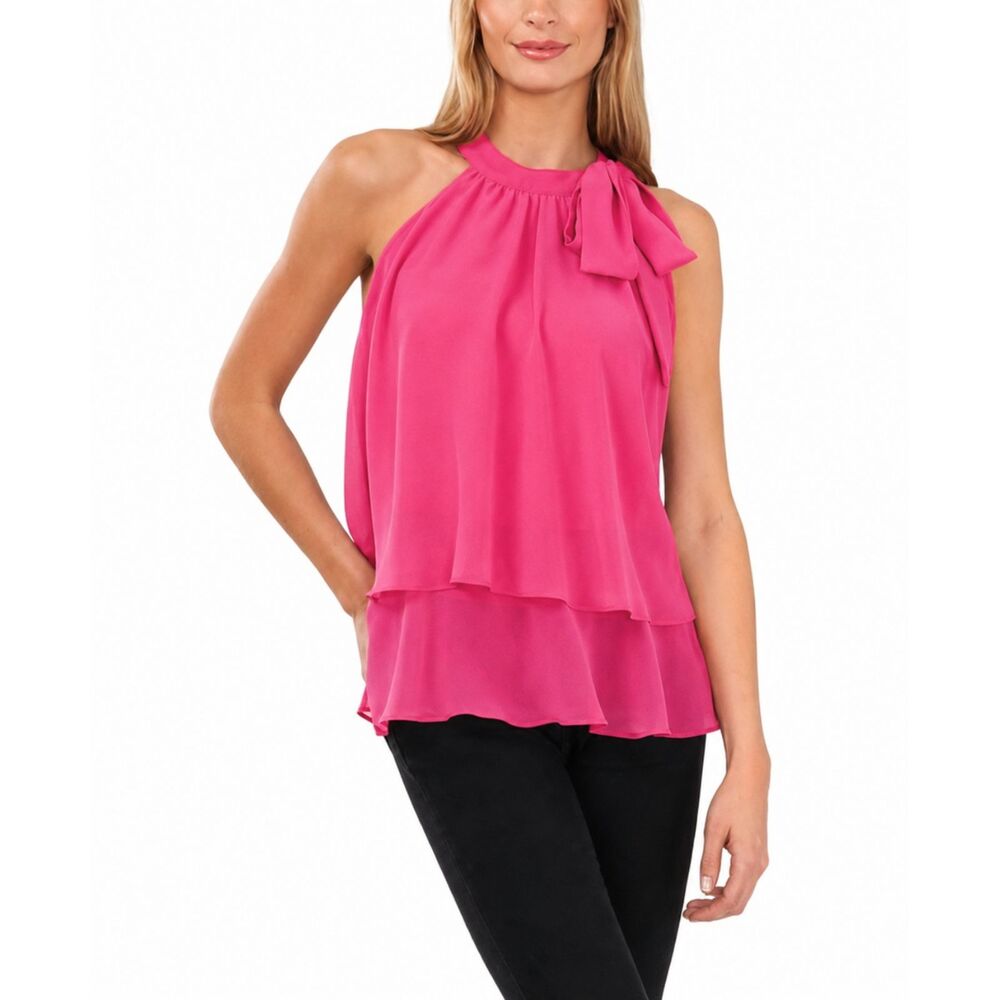 CeCe - Tiered Tie-Neck Halter Blouse Pink Sleeveless - Size Small